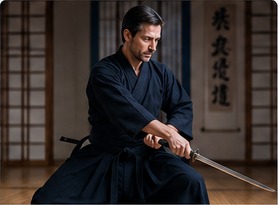 Un adulto pratica Iaido nel dojo