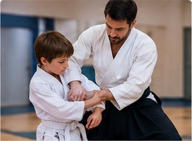 Un bambino e un adulto praticano Aiki-Jujutsu nel dojo