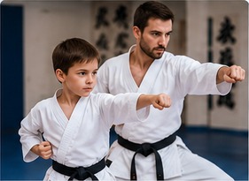 Un bambino e un adulto praticano karate nel dojo