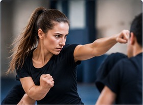 Una donna si difende durante un allenamento di Self Defence