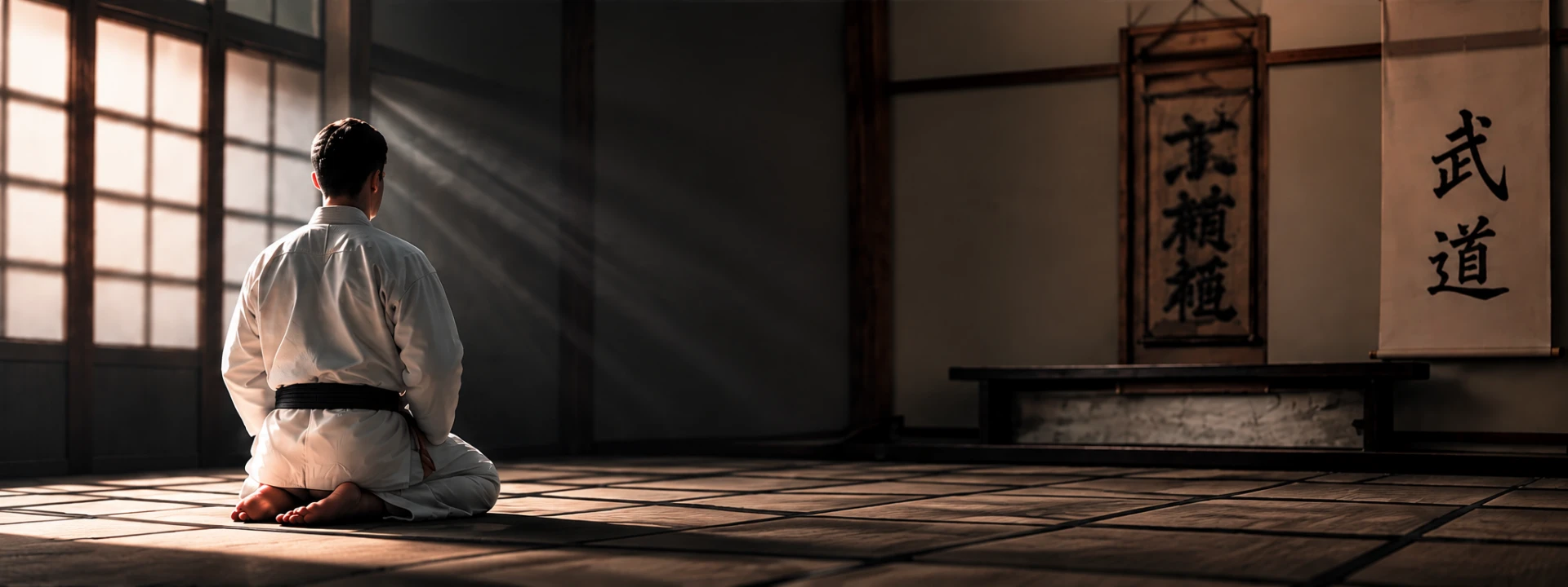 Interno del dojo con tatami e calligrafie giapponesi
