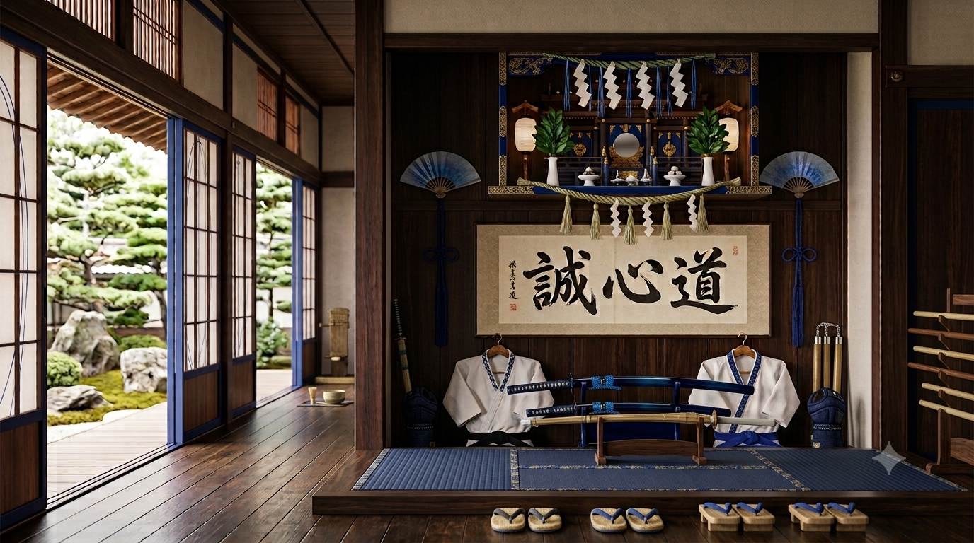 Interno del dojo con calligrafia e attrezzatura tradizionale