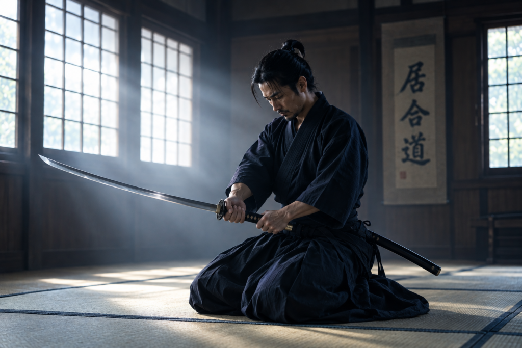 Praticante di iaido che estrae la katana in seiza
